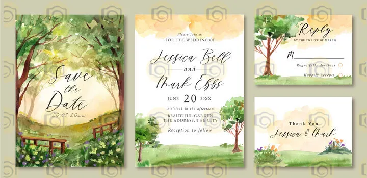 Wedding Invitation Cards Showcasing Artistic Depictions Of Trees And Grass, Reflecting A Rustic And Elegant Outdoor Theme